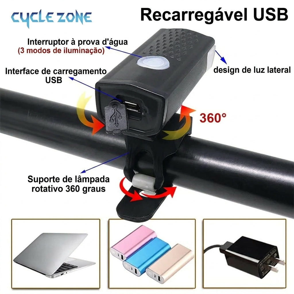 Kit Farol e Lanterna Traseira LED para Bicicleta | Recarregável e À Prova D'água