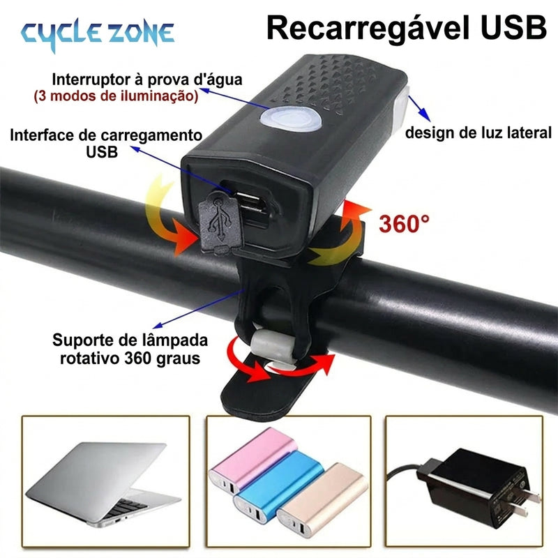 Kit Farol e Lanterna Traseira LED para Bicicleta | Recarregável e À Prova D'água