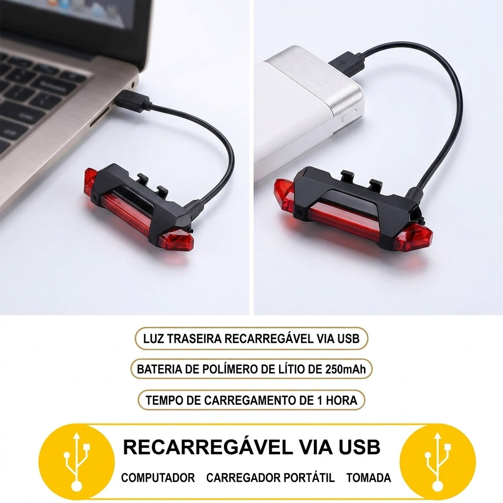 Lanterna Traseira de Alerta X-TIGER: Iluminação LED Recarregável