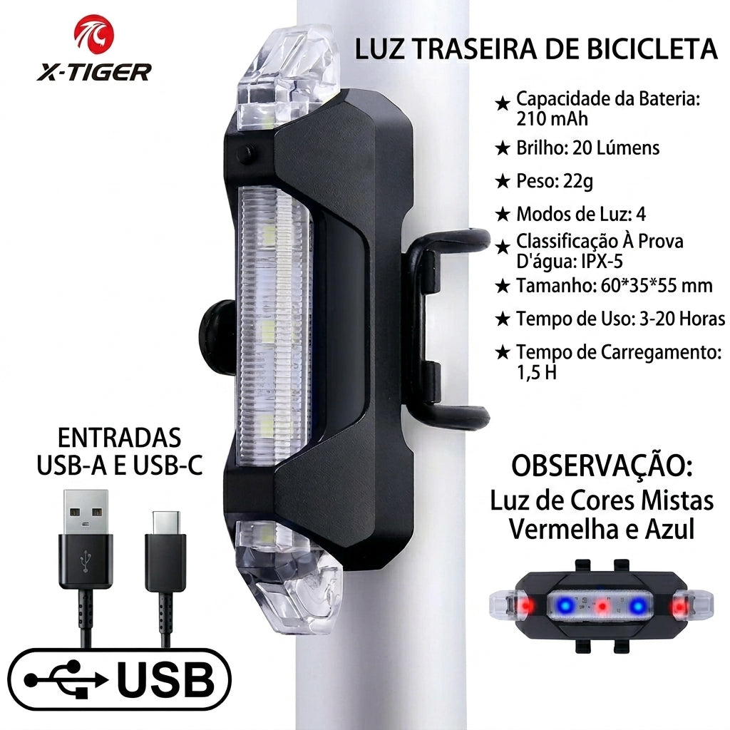 Lanterna Traseira de Alerta X-TIGER: Iluminação LED Recarregável