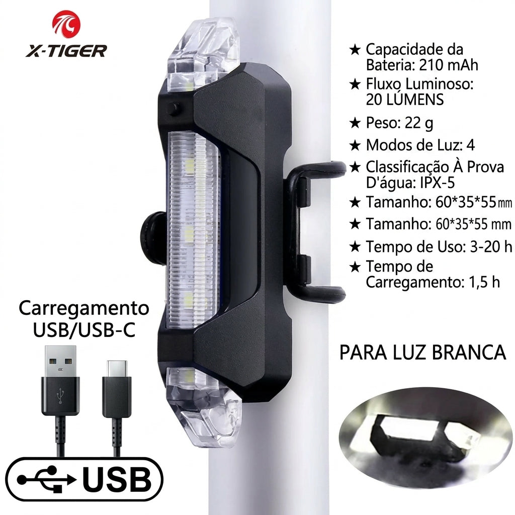 Lanterna Traseira de Alerta X-TIGER: Iluminação LED Recarregável