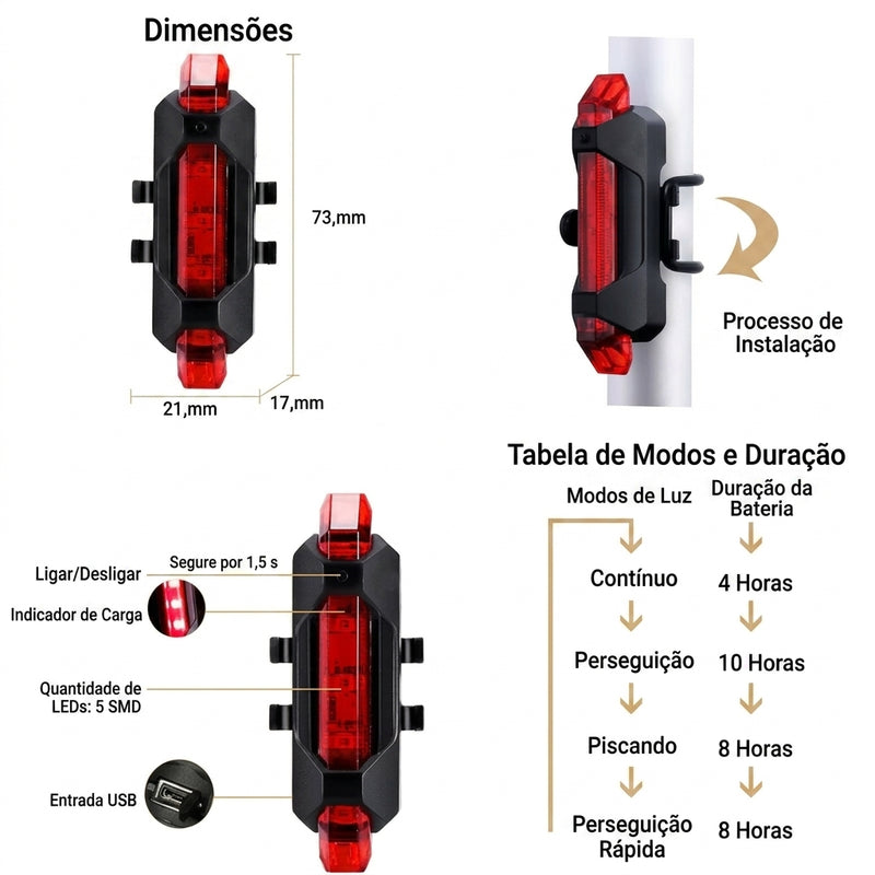 Lanterna Traseira de Alerta X-TIGER: Iluminação LED Recarregável
