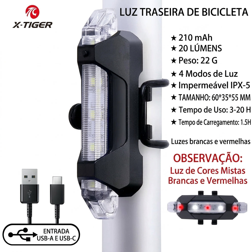 Lanterna Traseira de Alerta X-TIGER: Iluminação LED Recarregável