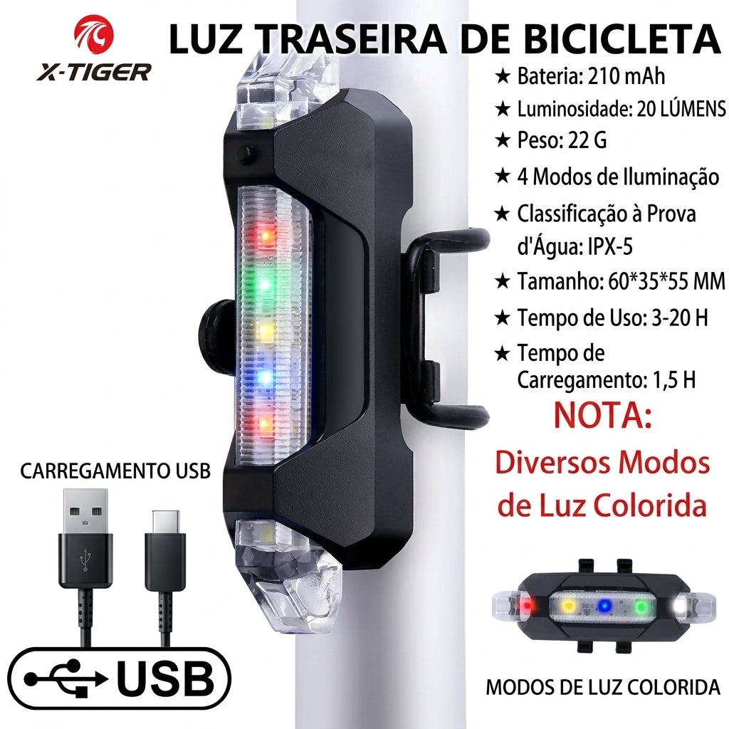 Lanterna Traseira de Alerta X-TIGER: Iluminação LED Recarregável