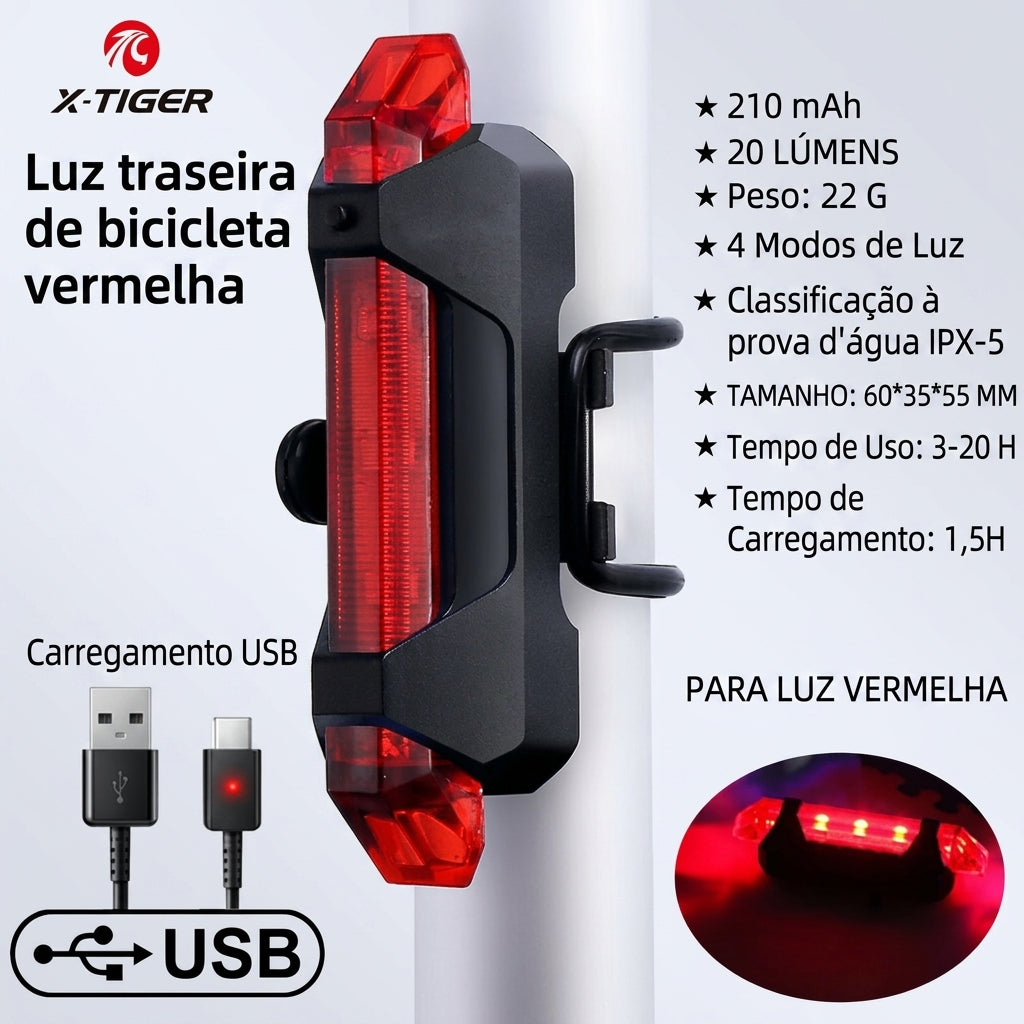 Lanterna Traseira de Alerta X-TIGER: Iluminação LED Recarregável