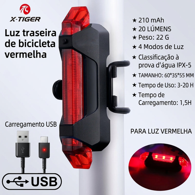 Lanterna Traseira de Alerta X-TIGER: Iluminação LED Recarregável